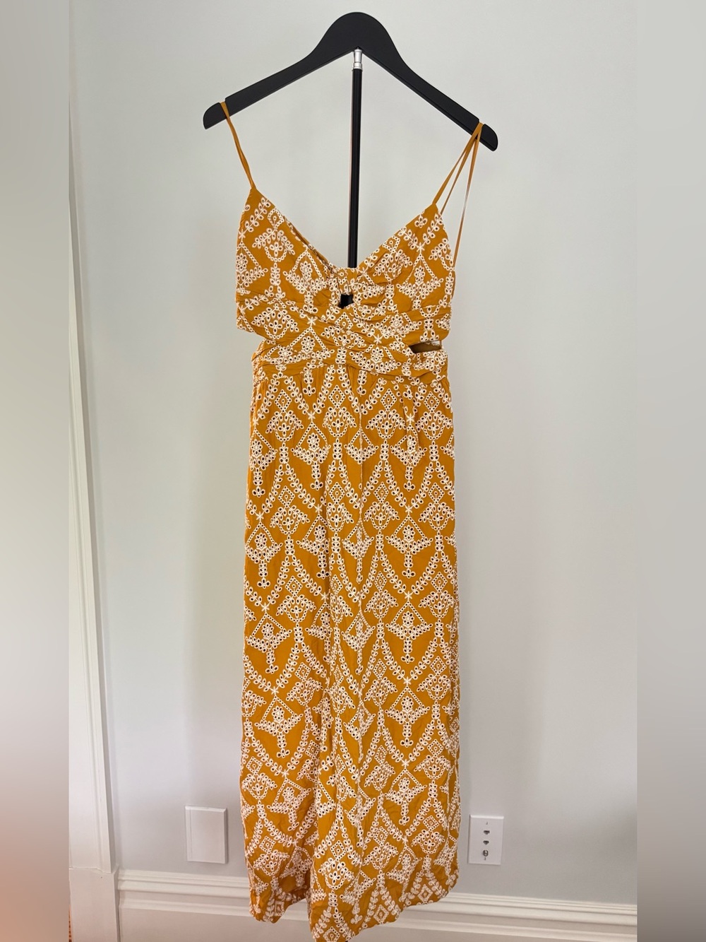 Zara Mustard Yellow Printed Midi Dress with Spaghetti Straps